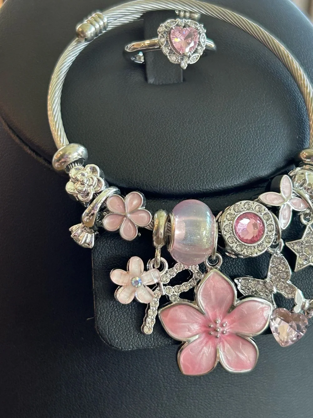 Brand New Silver Pink Flower Charm Bracelet with Matching Pink Heart Ring